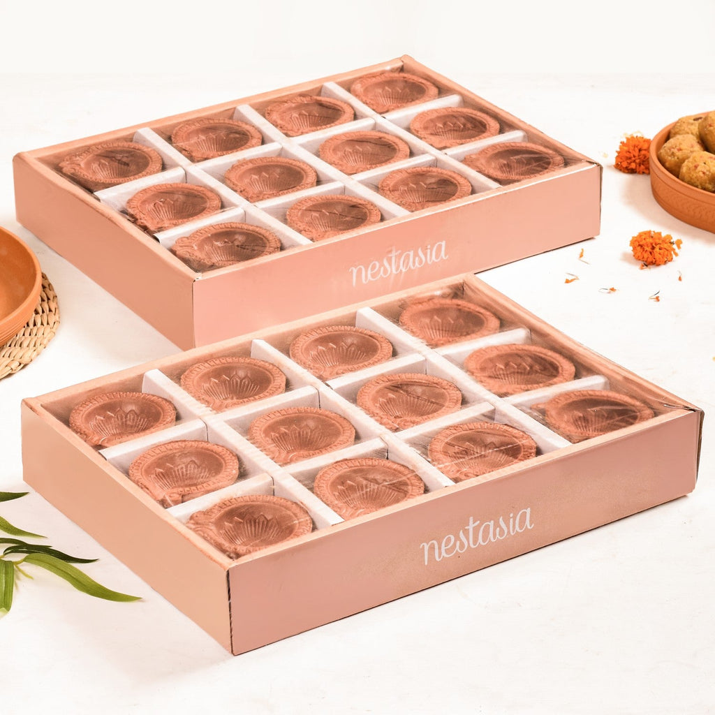 Sunflower Motif Pure Terracotta Clay Diyas Set Of 48 Nestasia