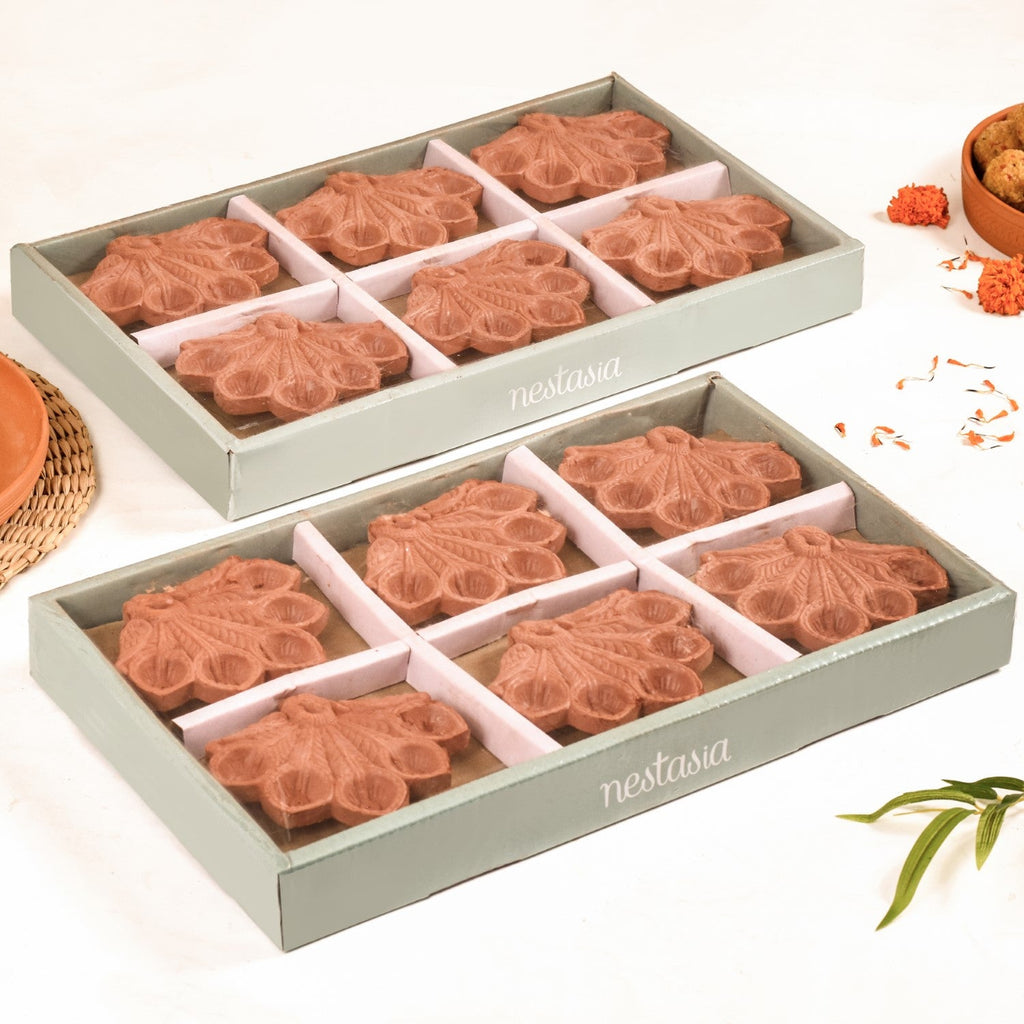 Peacock Feather Engraved Terracotta Diyas Set Of 24 Nestasia