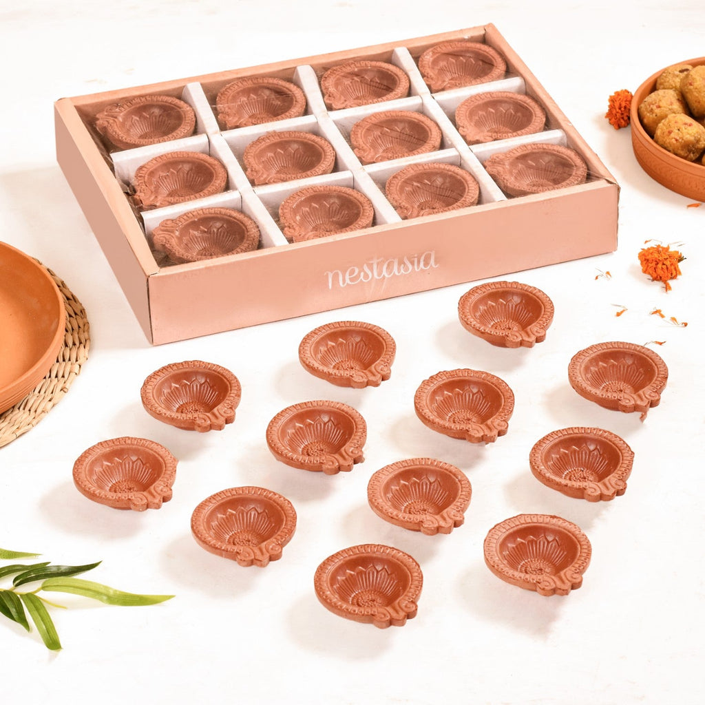 Sunflower Motif Pure Terracotta Clay Diyas Set Of 48 Nestasia
