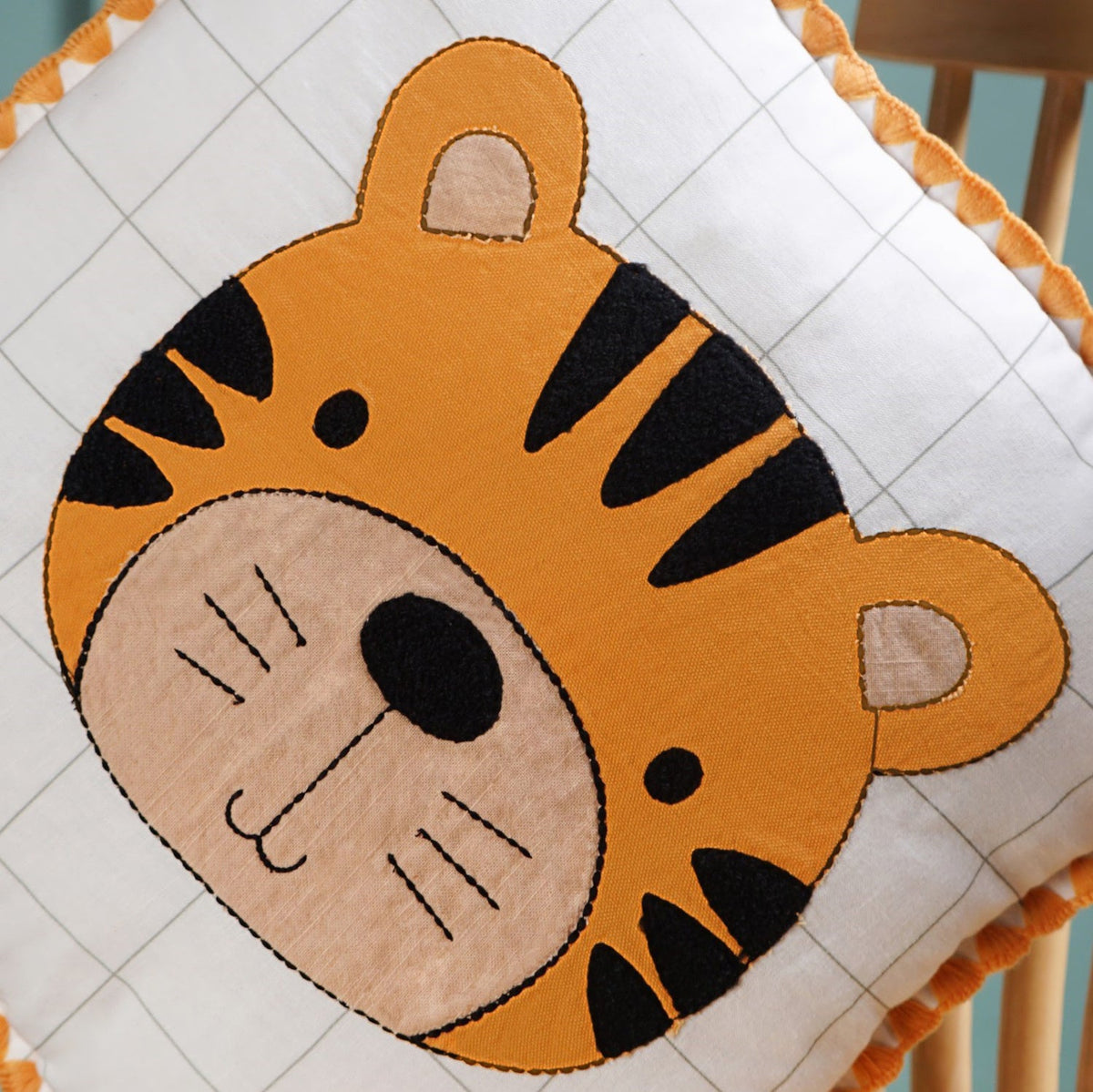 Tiger Embroidered Cotton Kids Cushion Cover 42x42cm Nestasia