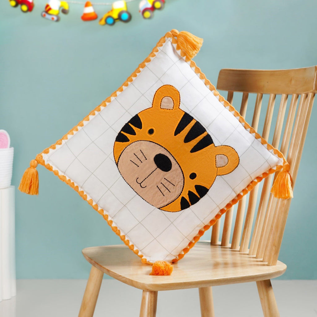 Tiger Embroidered Cotton Kids Cushion Cover 42x42cm Nestasia