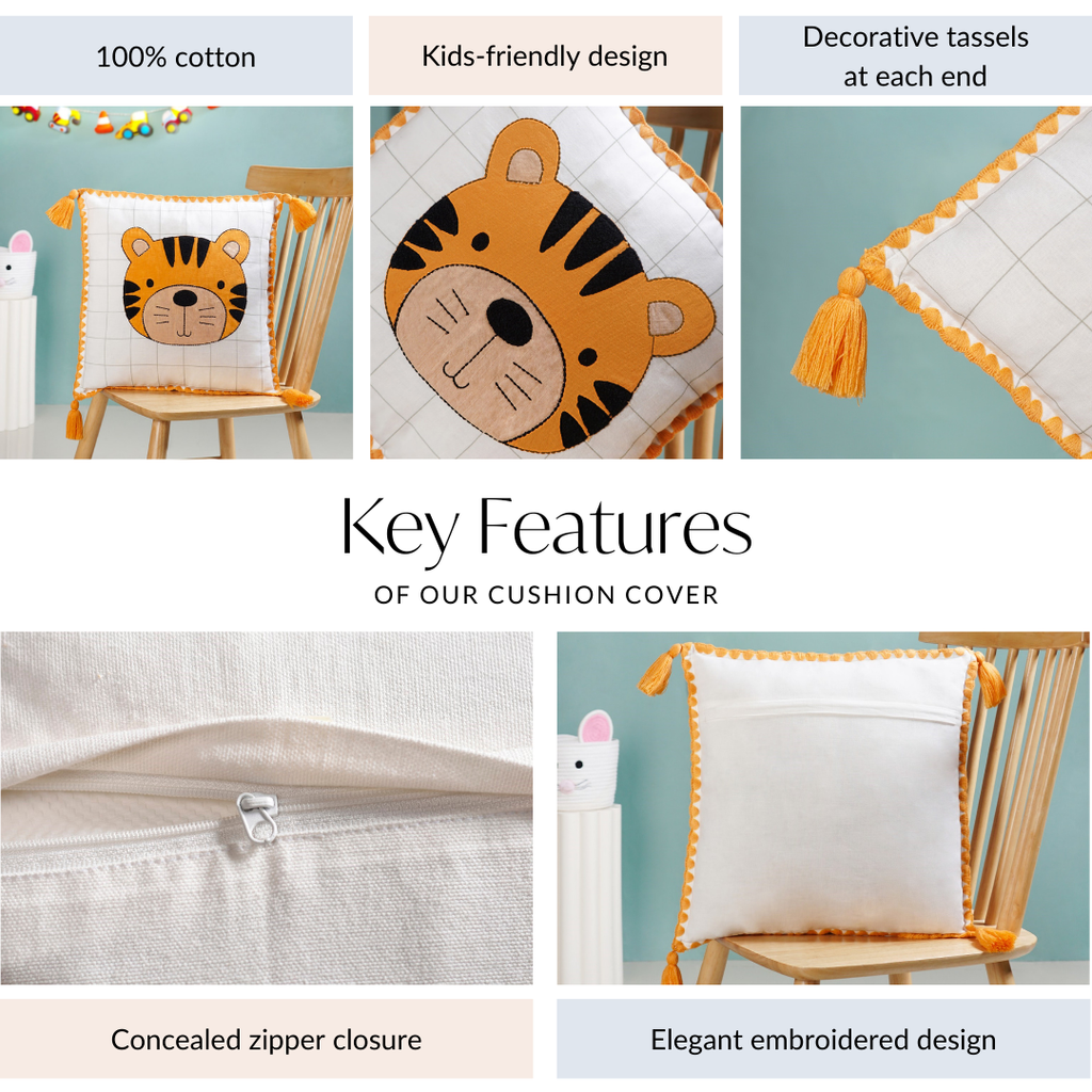 Tiger Embroidered Cotton Kids Cushion Cover 42x42cm Nestasia