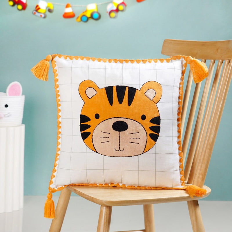 Tiger Embroidered Cotton Kids Cushion Cover 42x42cm Nestasia
