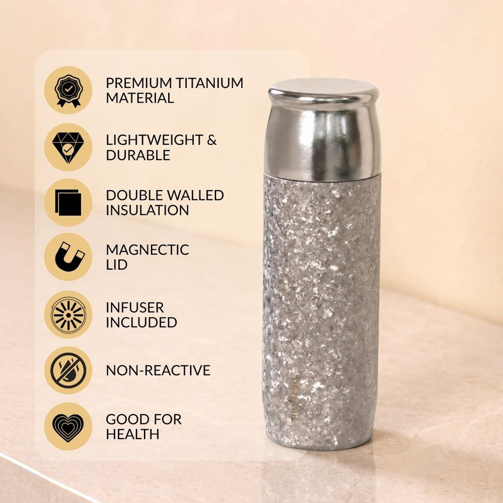 Silver Titanium Bottle With Strainer And Magnetic Lid In Gift Box 500ml Nestasia