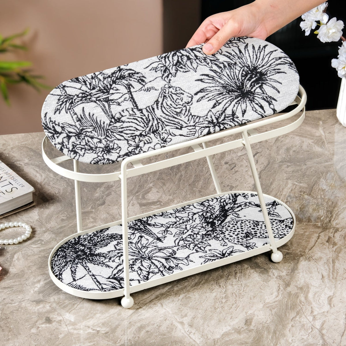Toile De Jouy Vanity Storage Display 2 Storey Tray White Nestasia