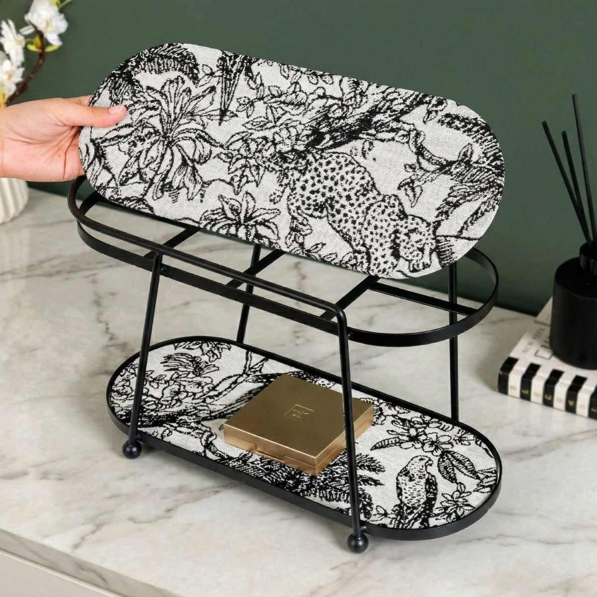 Toile De Jouy Vanity Storage Display 2 Tier Tray Black Nestasia