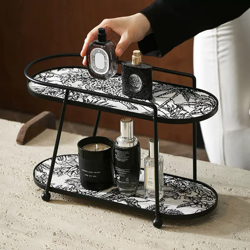 Toile De Jouy Vanity Storage Display 2 Tier Tray Black Nestasia