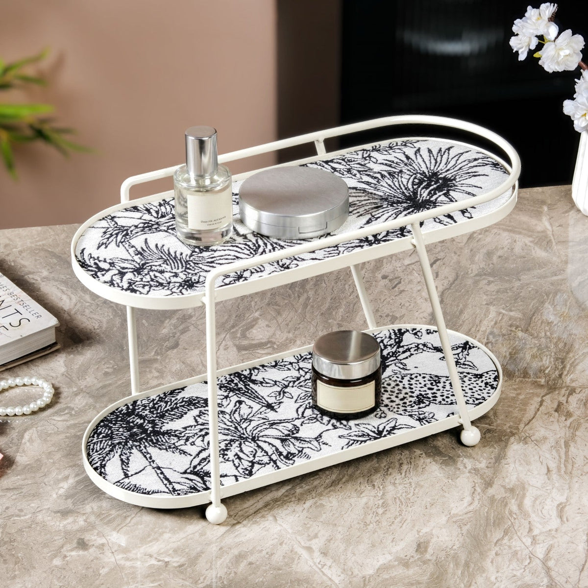 Toile De Jouy Vanity Storage Display 2 Storey Tray White Nestasia
