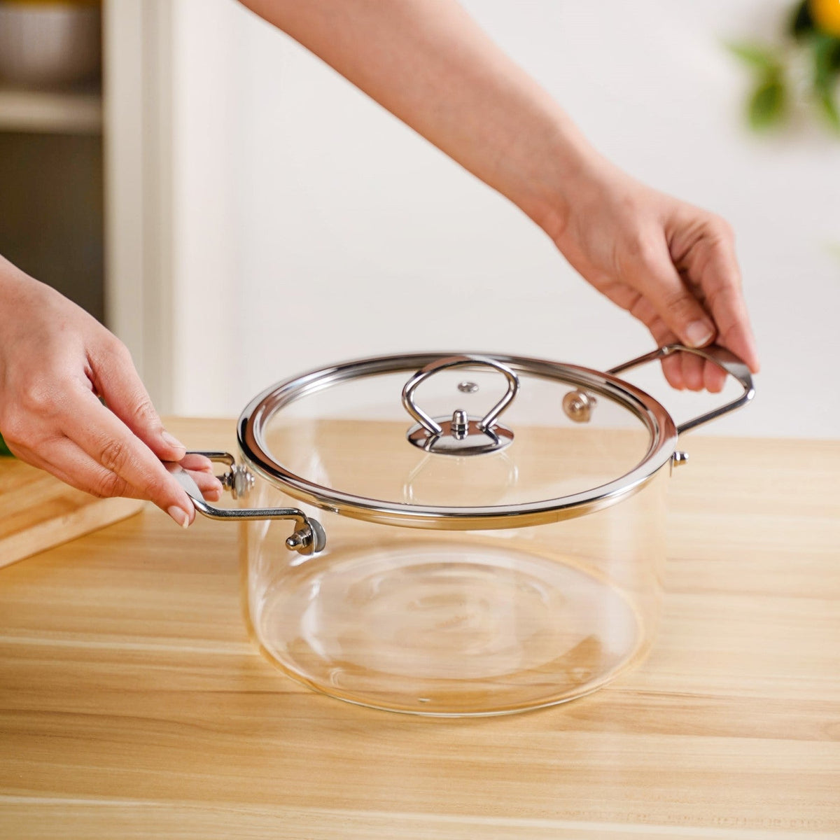 Transparent Glass Cooking Pot With Stainless Steel Grip Handles 2500ml Nestasia