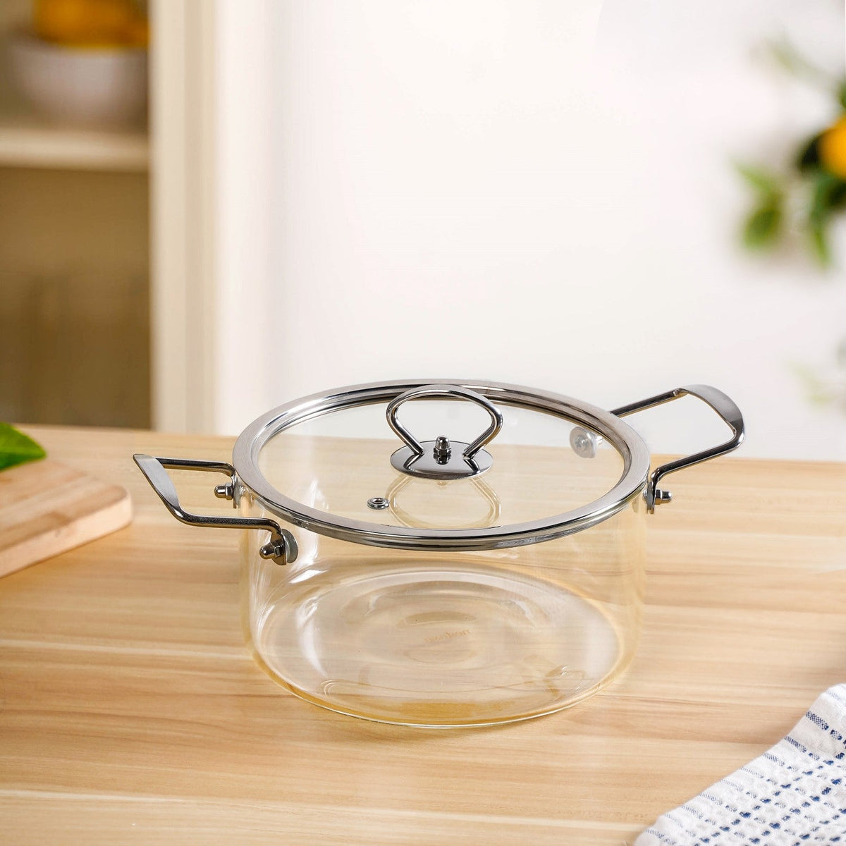 Transparent Glass Cooking Pot With Stainless Steel Grip Handles 2500ml Nestasia
