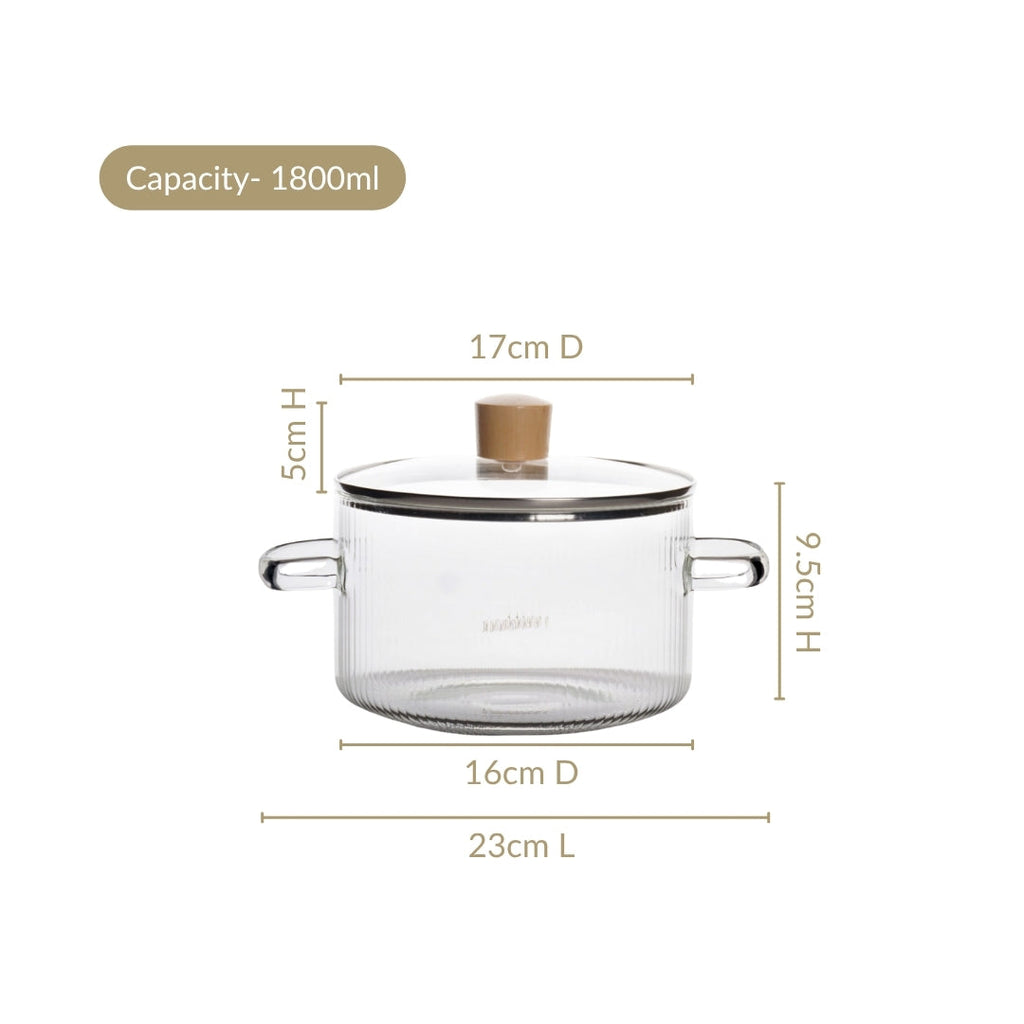Fluted Design Glass Cooking Pot With Lid 1800ml Nestasia