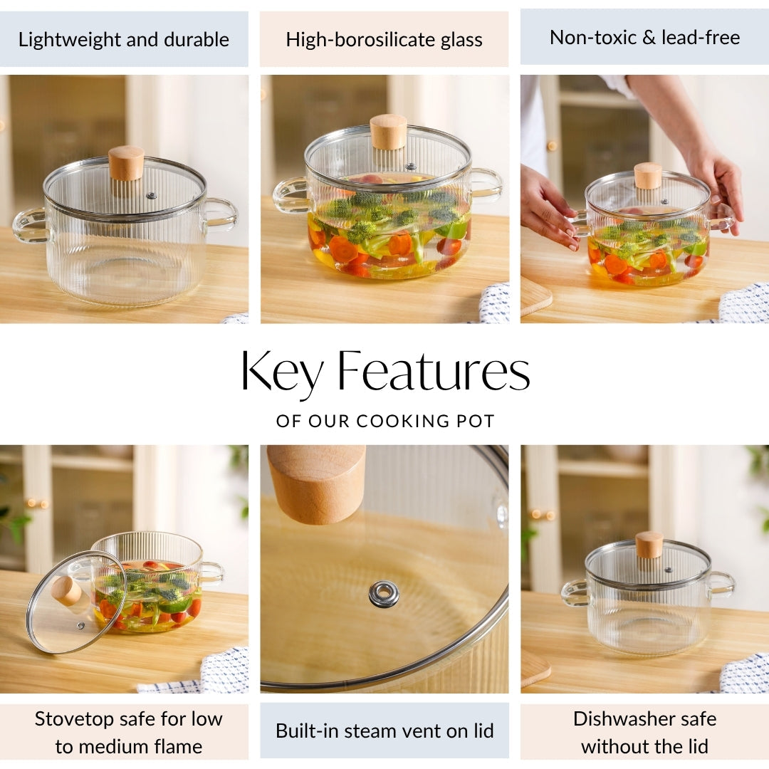 Fluted Design Glass Cooking Pot With Lid 1800ml Nestasia
