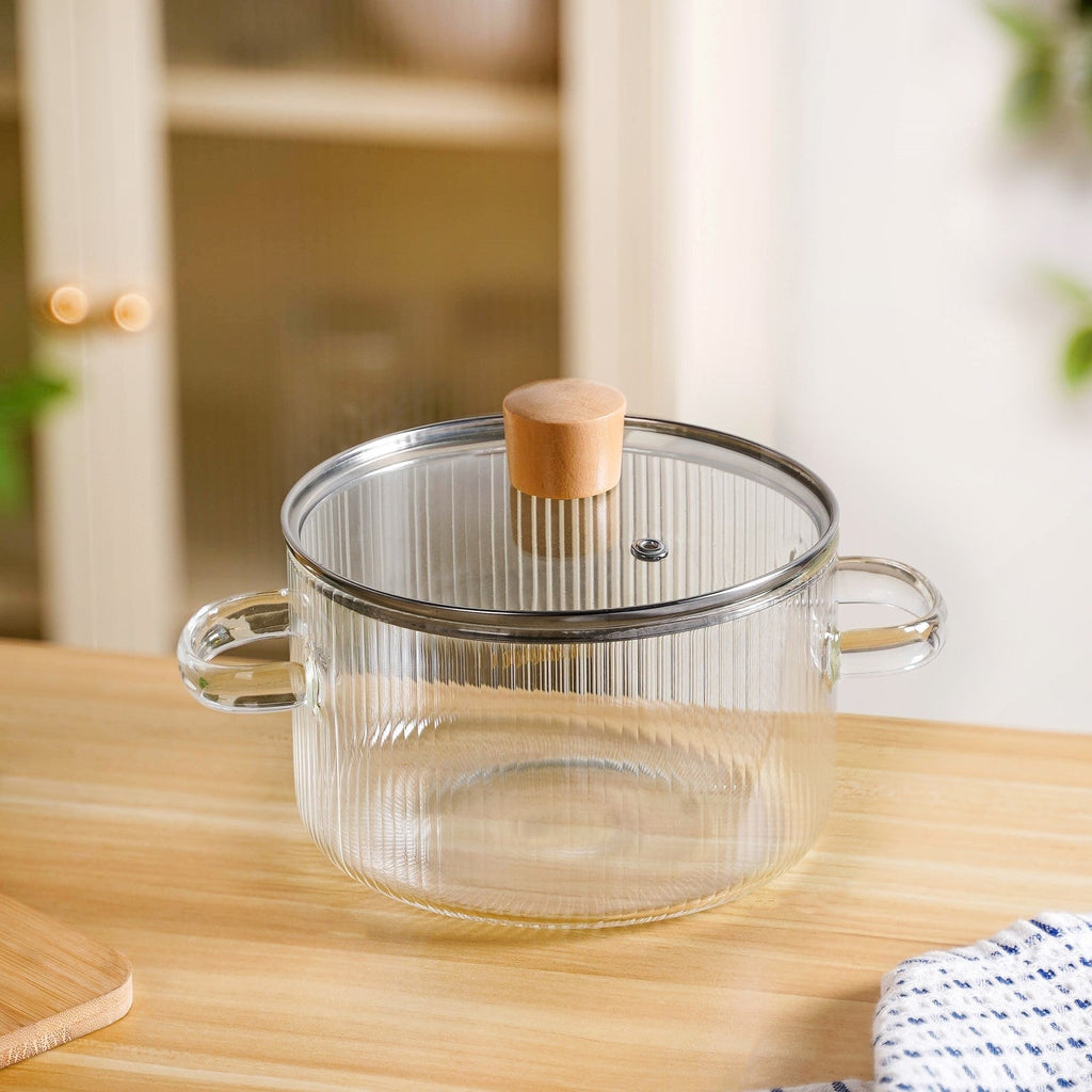 Fluted Design Glass Cooking Pot With Lid 1800ml Nestasia