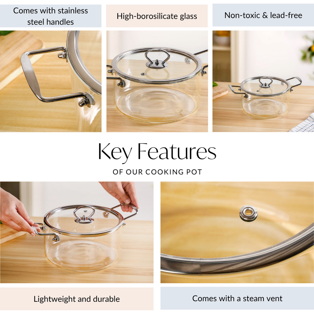 Transparent Glass Cooking Pot With Stainless Steel Grip Handles 2500ml Nestasia