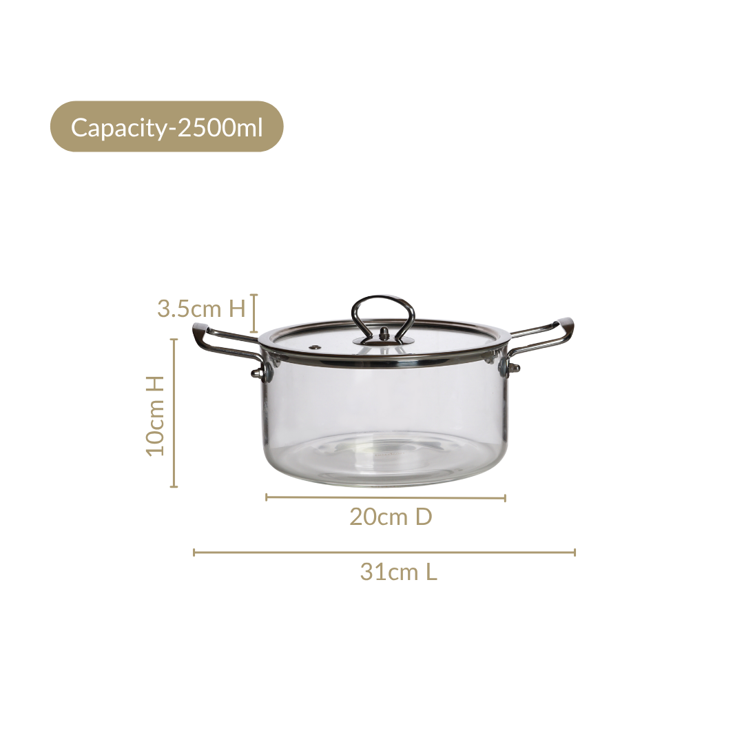 Transparent Glass Cooking Pot With Stainless Steel Grip Handles 2500ml Nestasia
