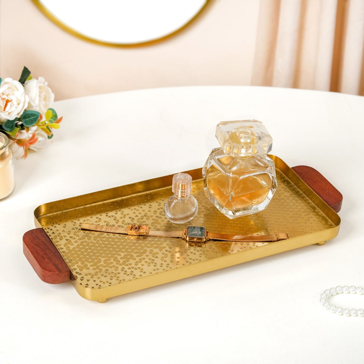 Geometric Embossed Rectangle Metal Tray With Wooden Handles Nestasia