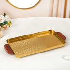 Geometric Embossed Rectangle Metal Tray With Wooden Handles Nestasia