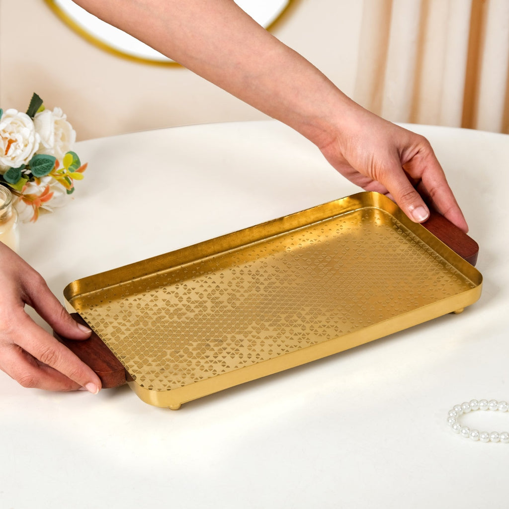 Geometric Embossed Rectangle Metal Tray With Wooden Handles Nestasia