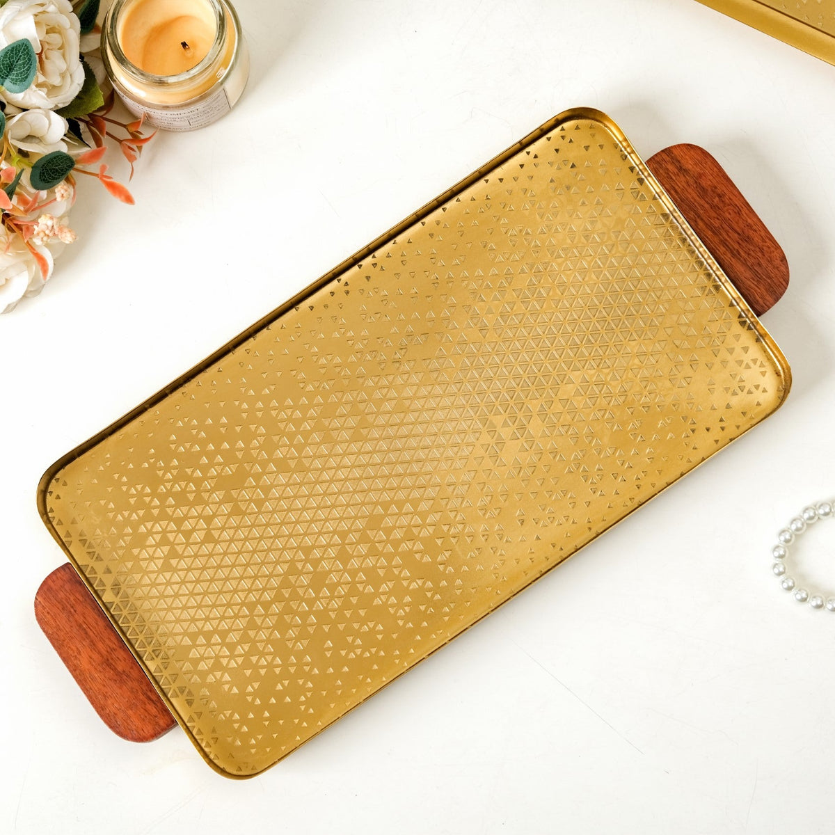 Geometric Embossed Rectangle Metal Tray With Wooden Handles Nestasia