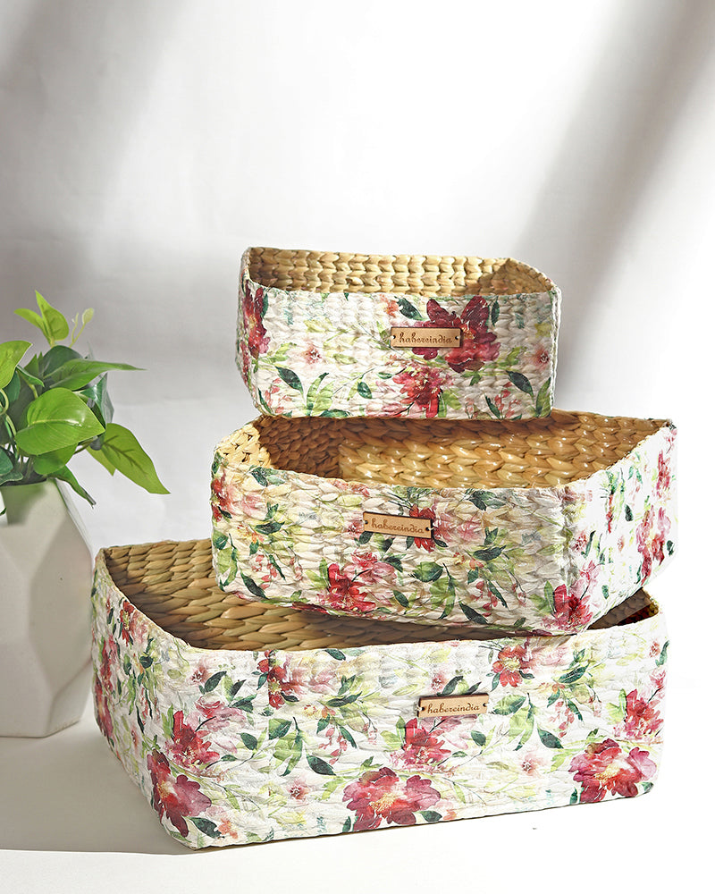 Handwoven Seagrass Storage Basket Trays Set of 3 for Kitchen, Bathroom, and Living Room