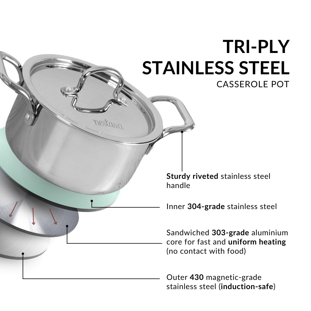 Tri Ply Stainless Steel Casserole Pot With Lid 2300ml Nestasia