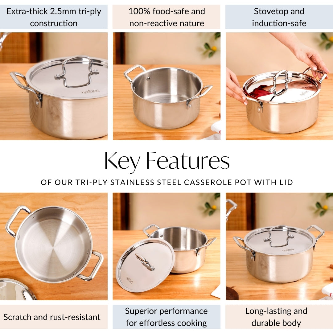 Tri Ply Stainless Steel Casserole Pot With Lid 4000ml Nestasia