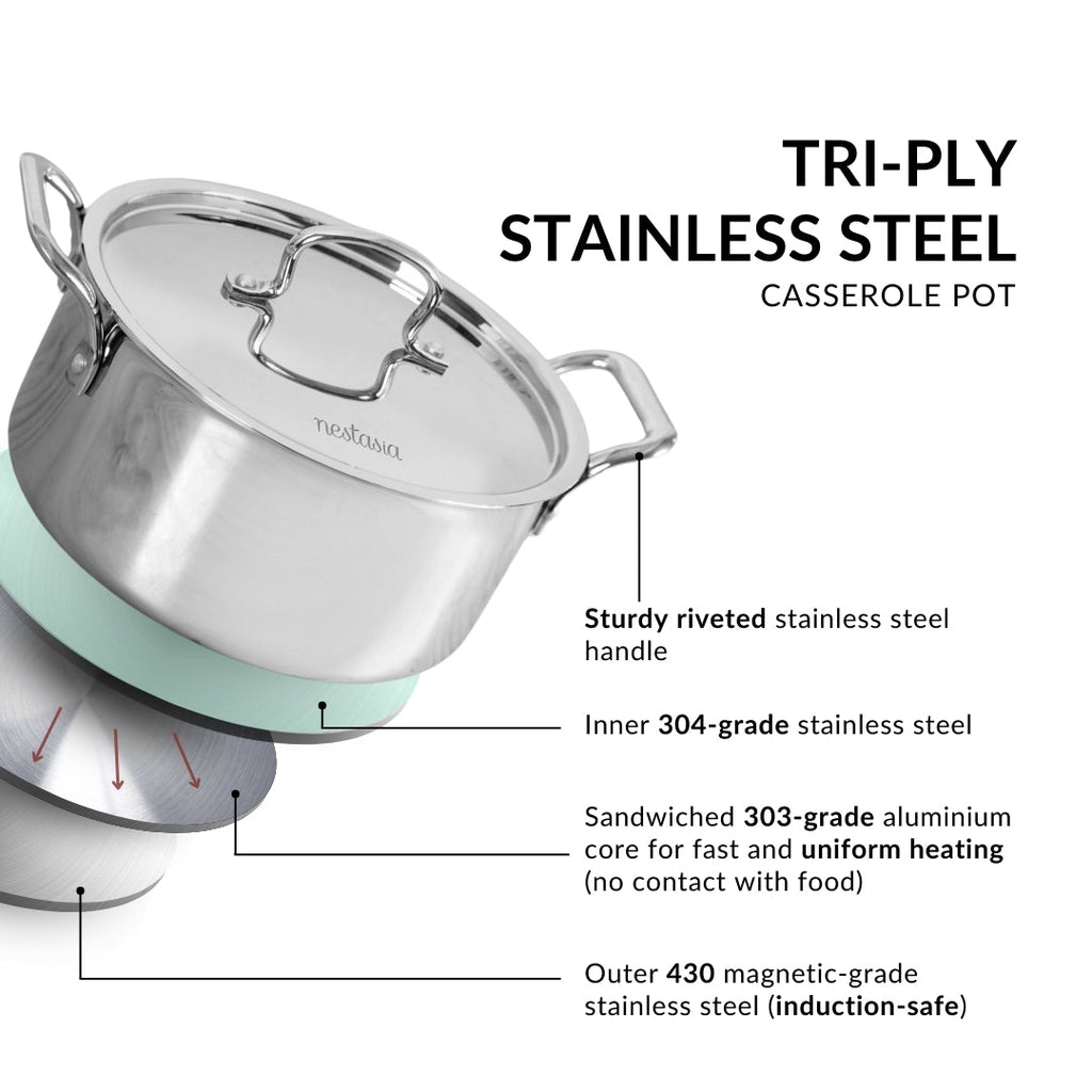 Tri Ply Stainless Steel Casserole Pot With Lid 4000ml Nestasia