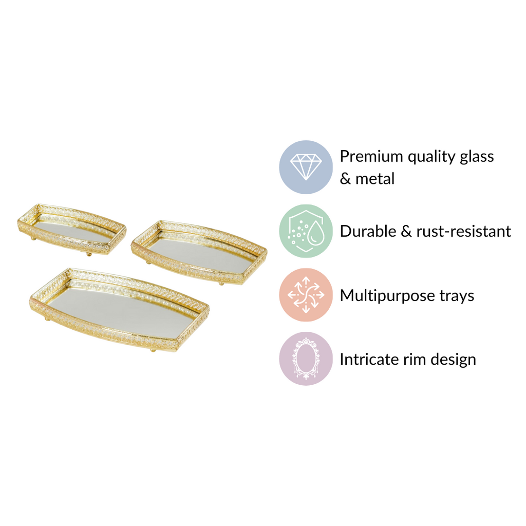Luxury Mirror Tray Gold Set Of 3 Nestasia