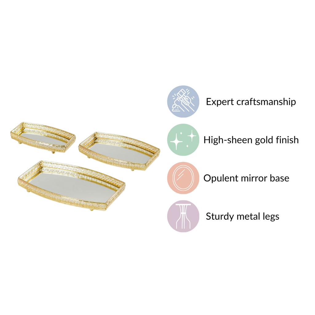 Luxury Mirror Tray Gold Set Of 3 Nestasia