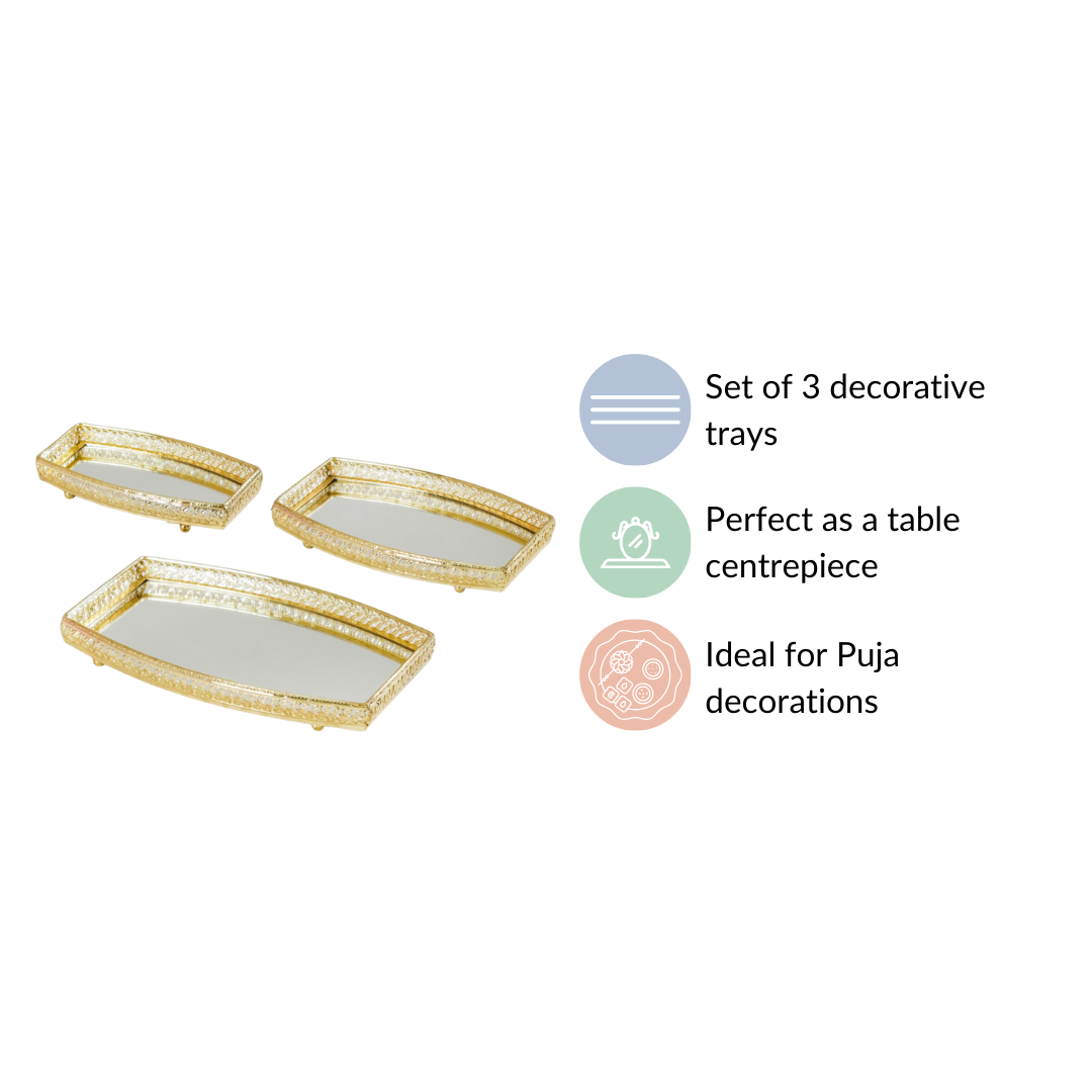 Luxury Mirror Tray Gold Set Of 3 Nestasia