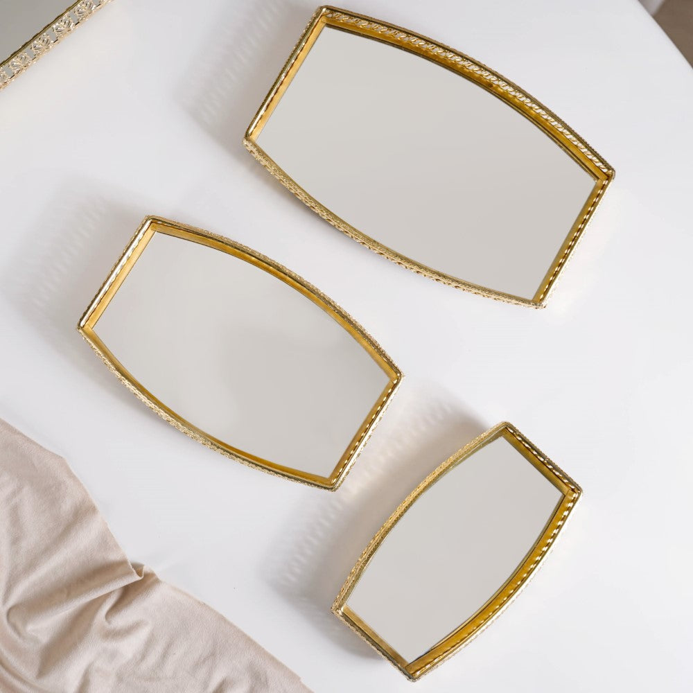 Luxury Mirror Tray Gold Set Of 3 Nestasia
