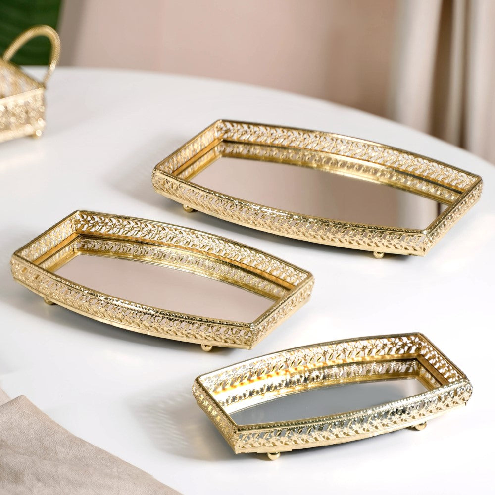 Luxury Mirror Tray Gold Set Of 3 Nestasia