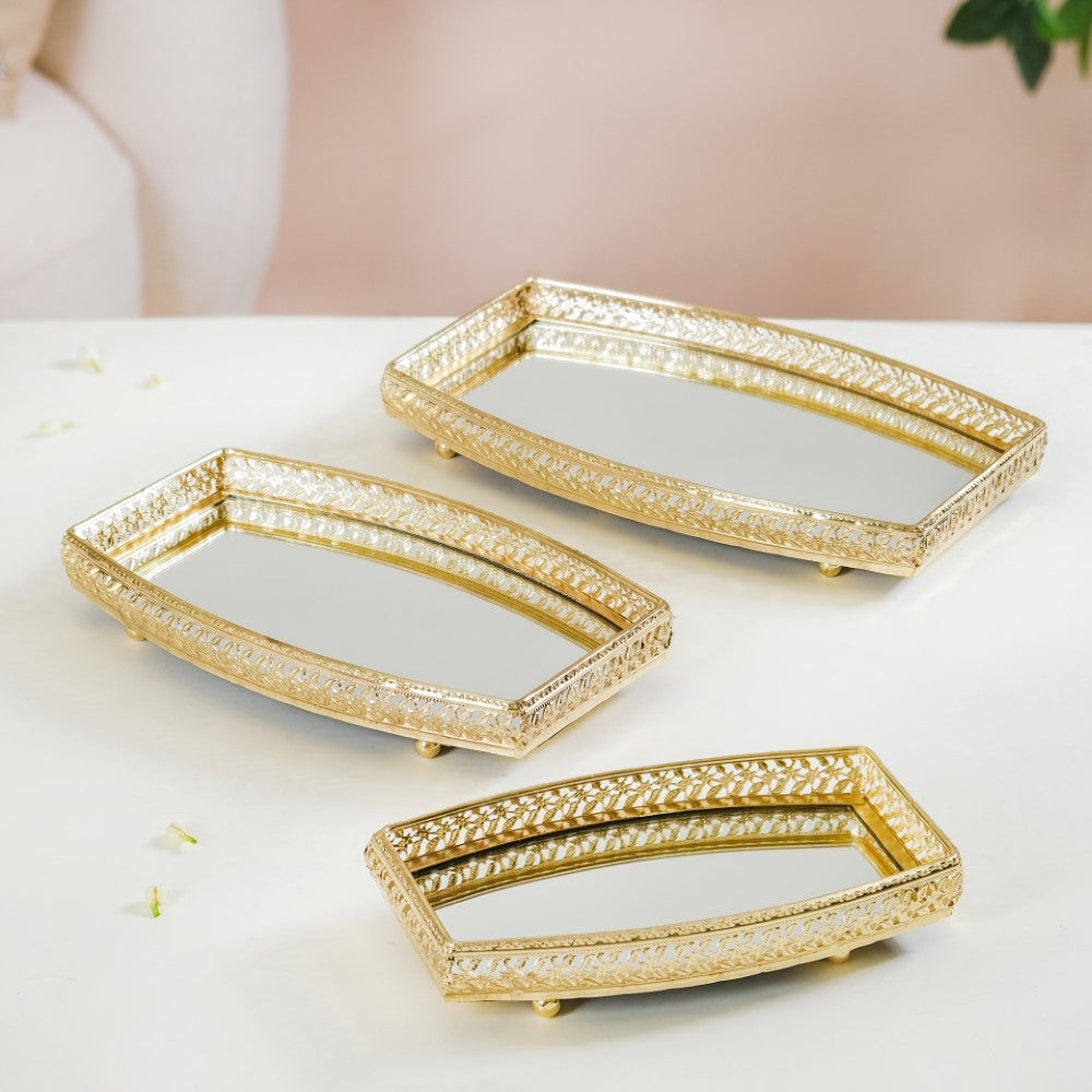 Luxury Mirror Tray Gold Set Of 3 Nestasia