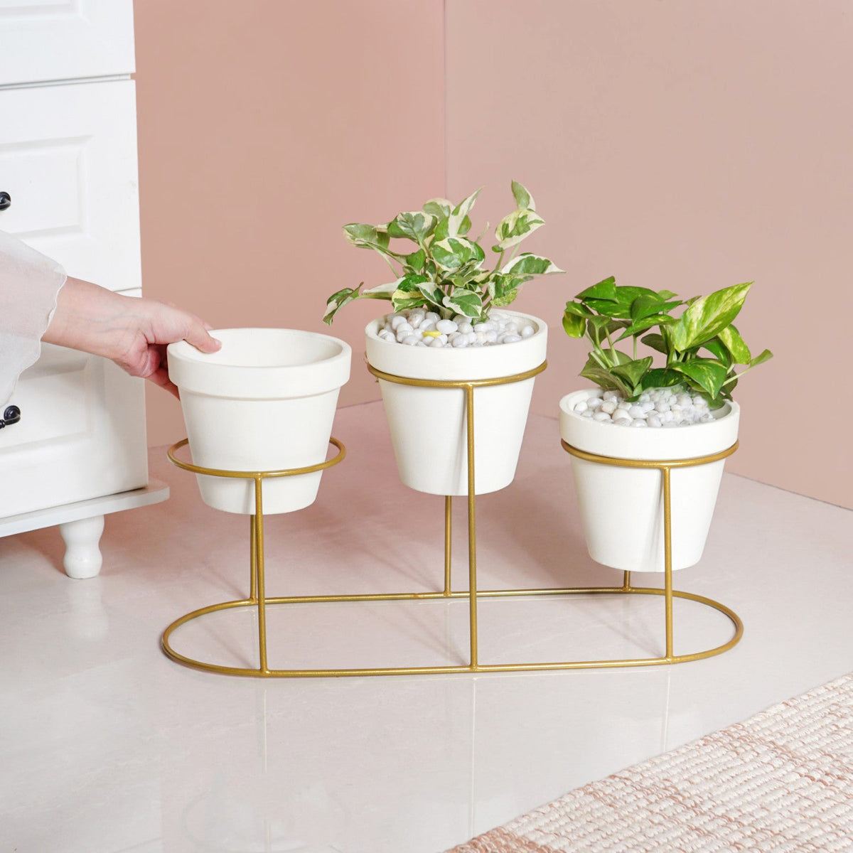 TerraTier Gold Stand With Three White Planters Off White Nestasia