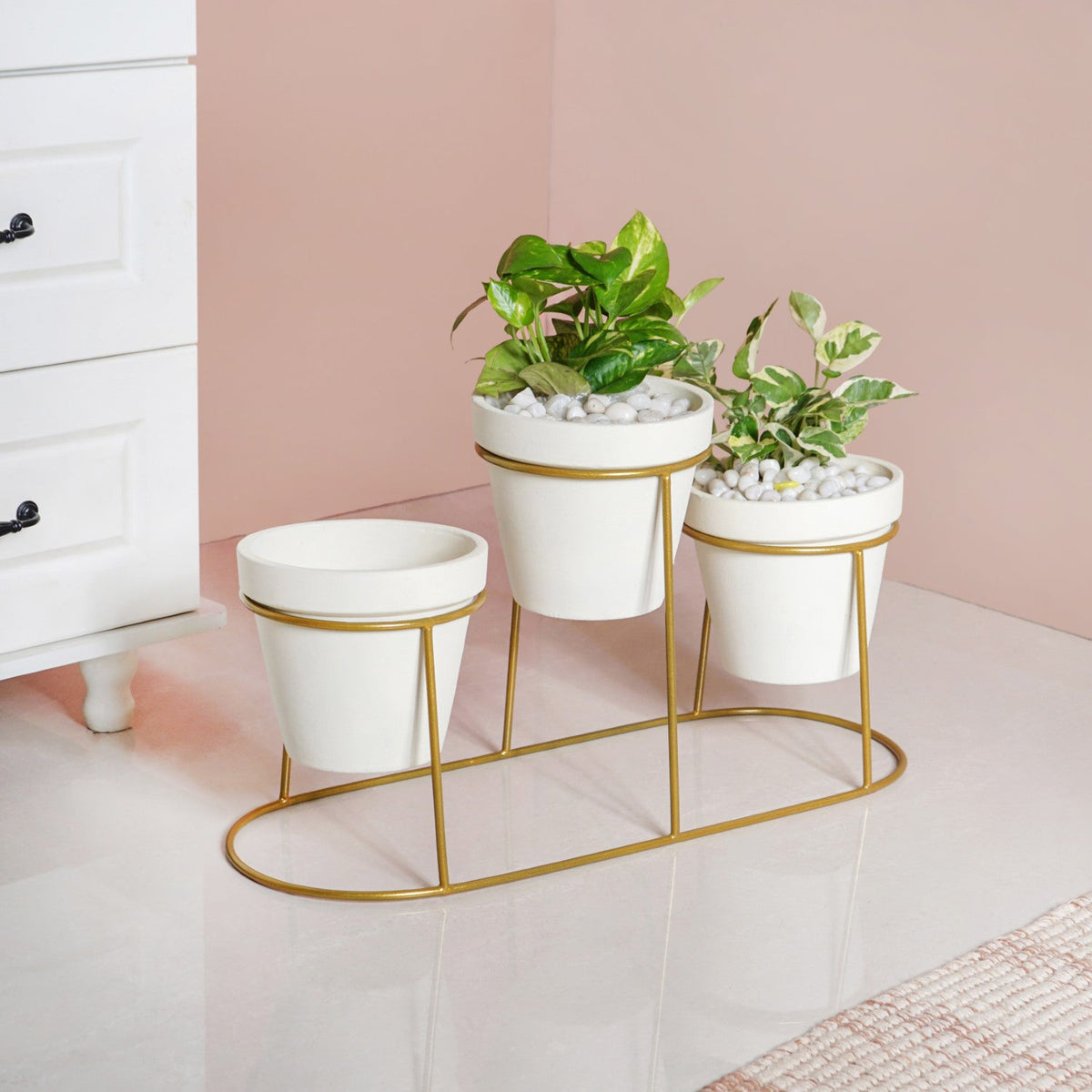 TerraTier Gold Stand With Three White Planters Off White Nestasia