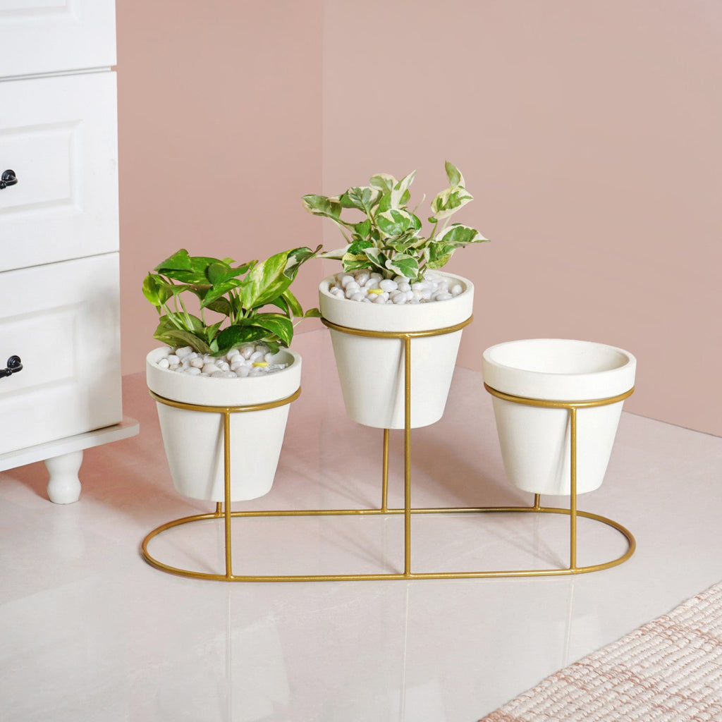 TerraTier Gold Stand With Three White Planters Off White Nestasia