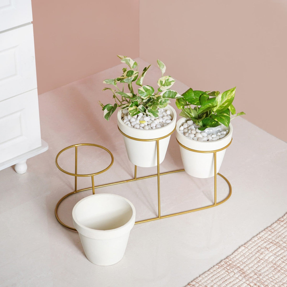TerraTier Gold Stand With Three White Planters Off White Nestasia