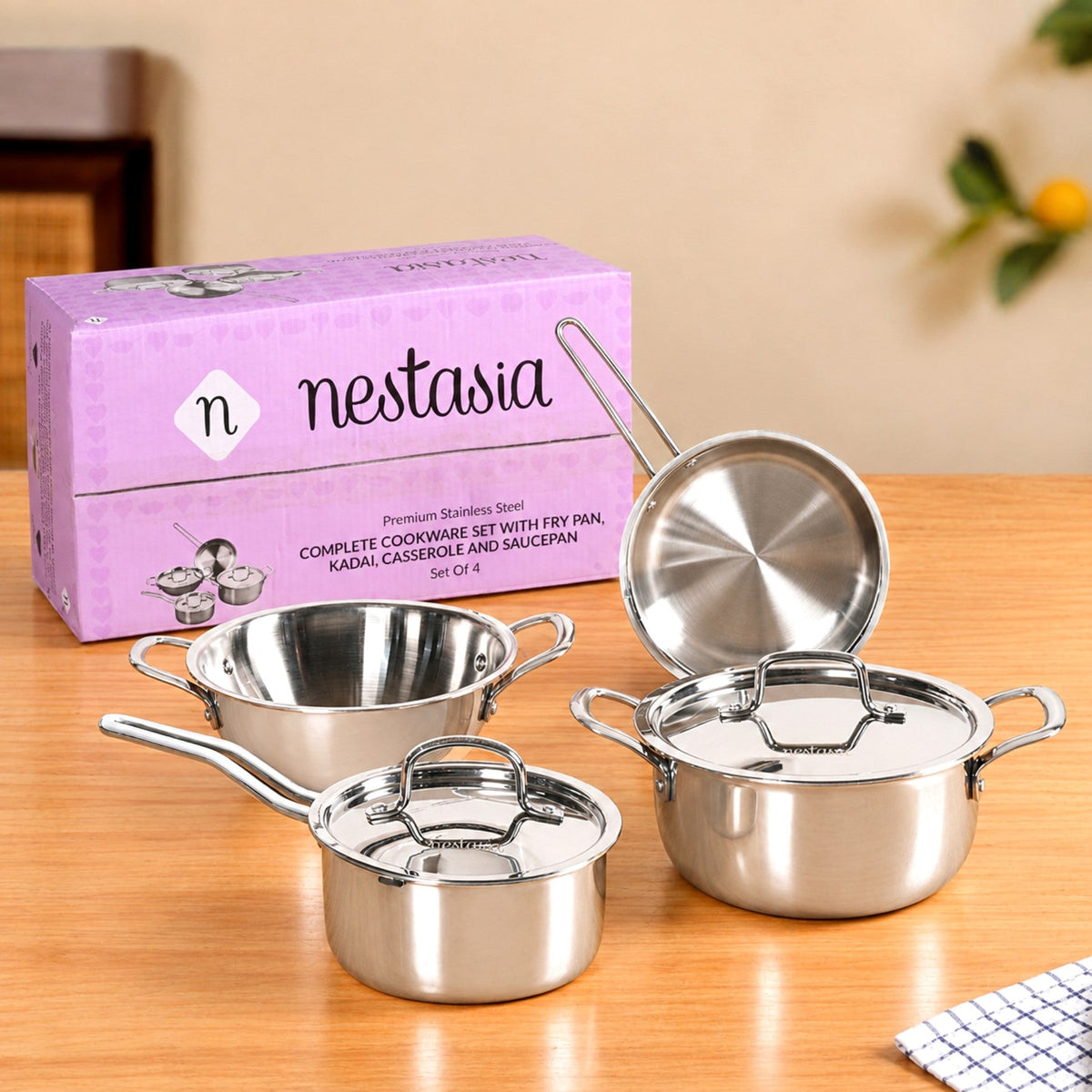 Triply Stainless Steel Frying Pan 1000ml Kadai 2000ml Casserole 3000ml Saucepan 1500ml Set Of 4 Nestasia
