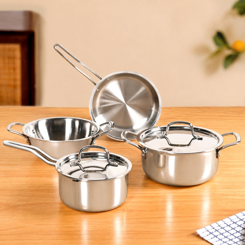 Triply Stainless Steel Frying Pan 1000ml Kadai 2000ml Casserole 3000ml Saucepan 1500ml Set Of 4 Nestasia