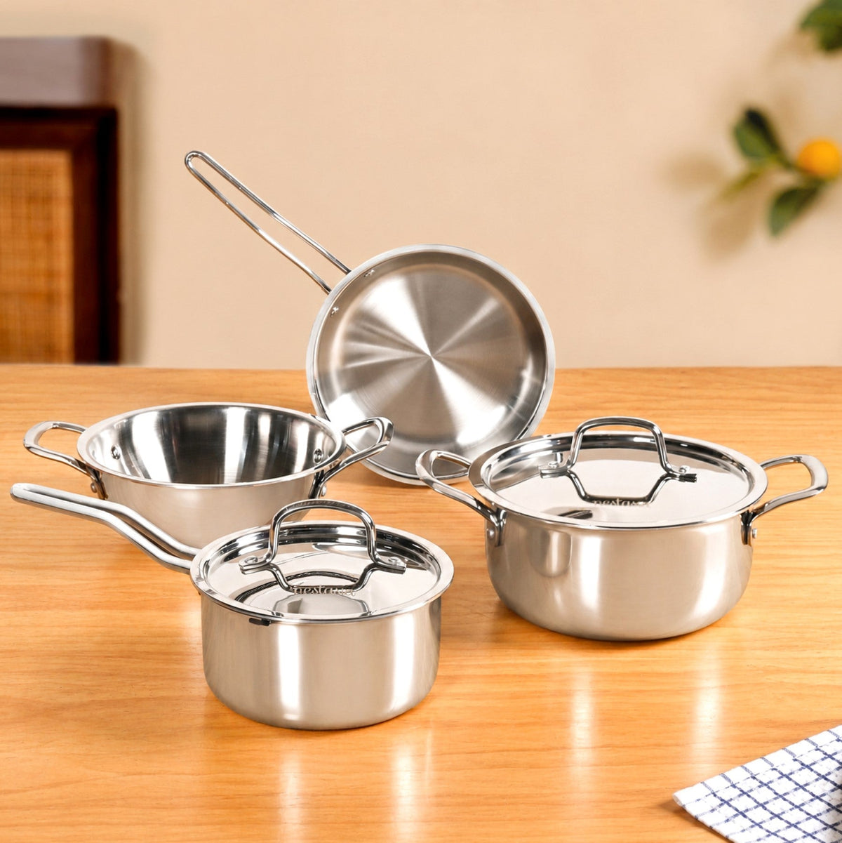 Triply Stainless Steel Frying Pan 1000ml Kadai 2000ml Casserole 3000ml Saucepan 1500ml Set Of 4 Nestasia