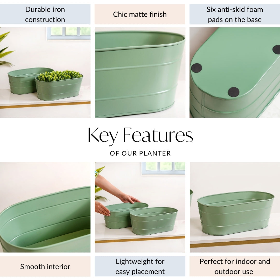 Trough Lined Oval Metal Planter Set Of 2 Sage Green Nestasia