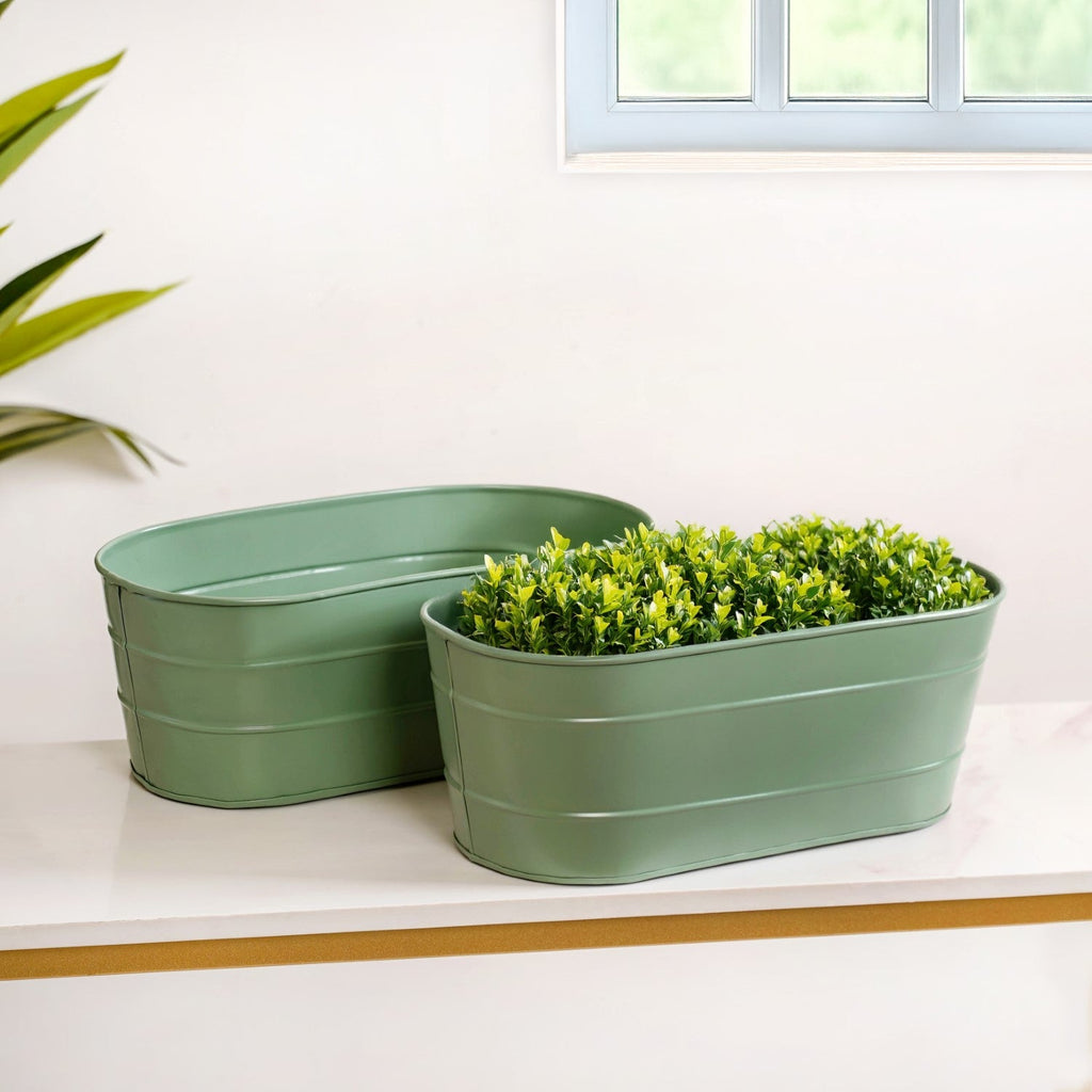 Trough Lined Oval Metal Planter Set Of 2 Sage Green Nestasia