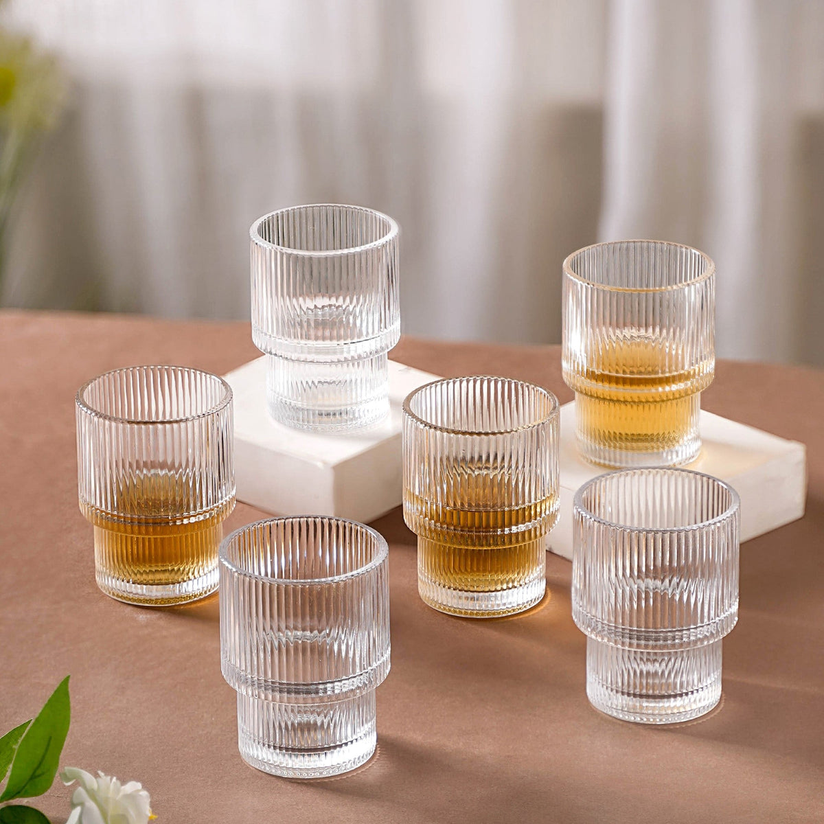 Set Of 6 Stackable Drinking Glasses Ribbed Nestasia