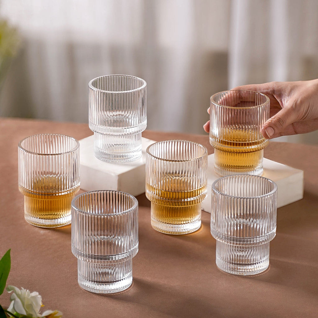Set Of 6 Stackable Drinking Glasses Ribbed Nestasia
