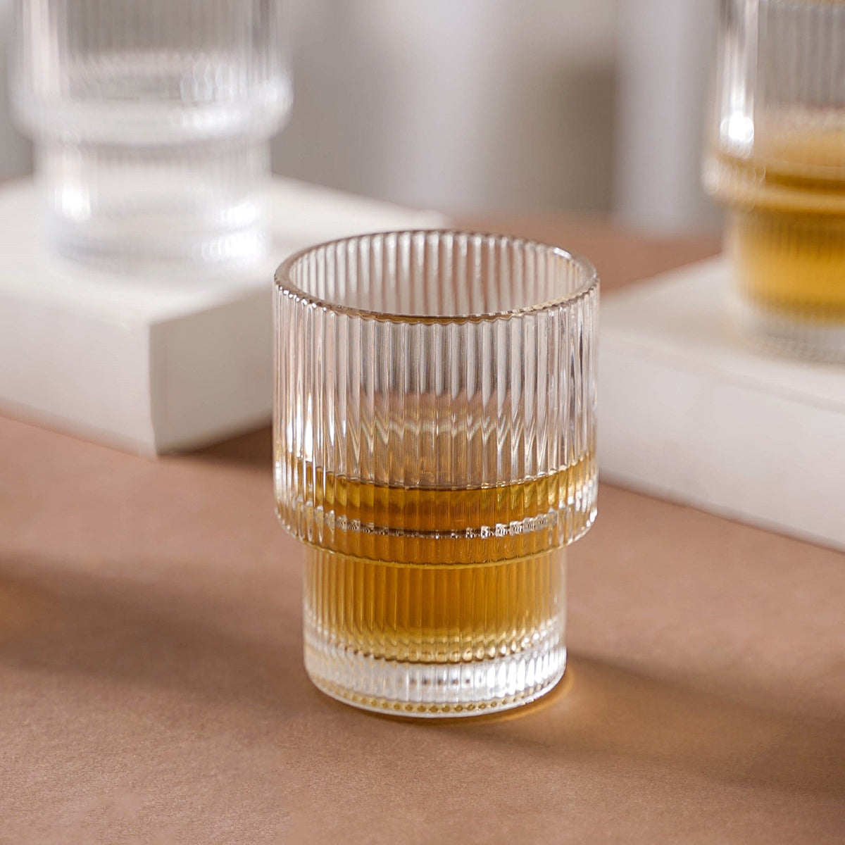 Set Of 6 Stackable Drinking Glasses Ribbed Nestasia