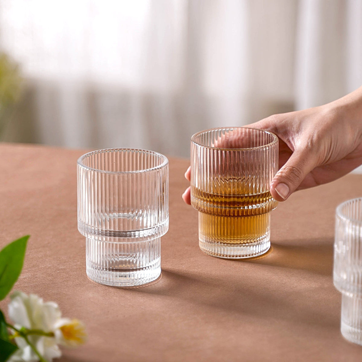 Set Of 6 Stackable Drinking Glasses Ribbed Nestasia