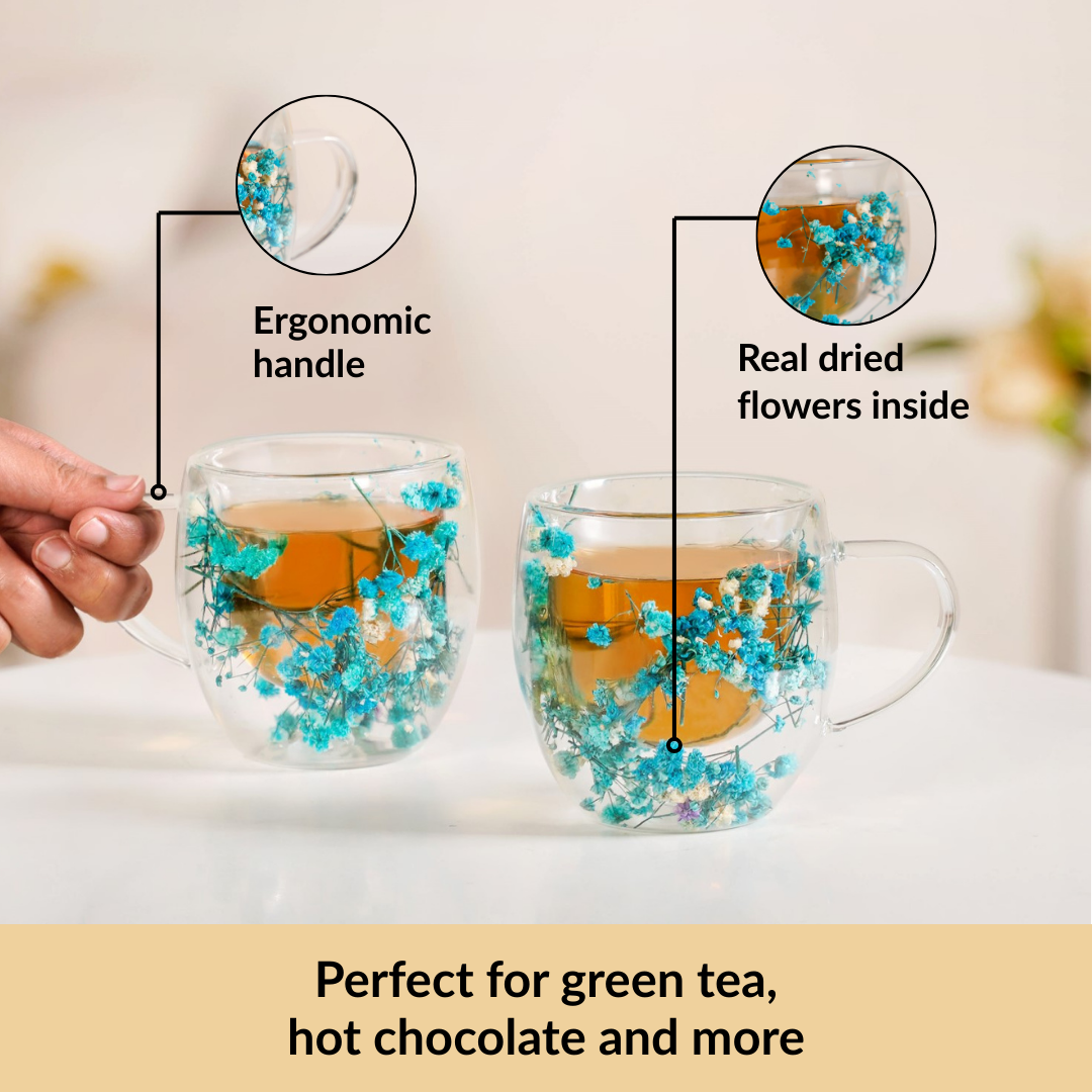 Turquoise Flowers Double Walled Mug Set Of 2 250ml Nestasia