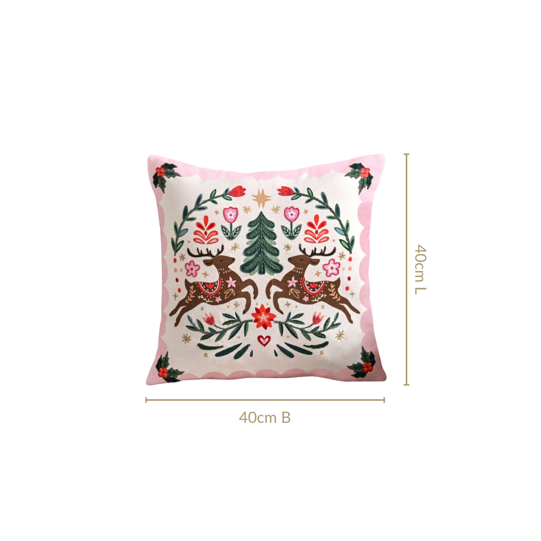 Twin Reindeers Embroidered Cotton Cushion Cover 40x40cm Nestasia