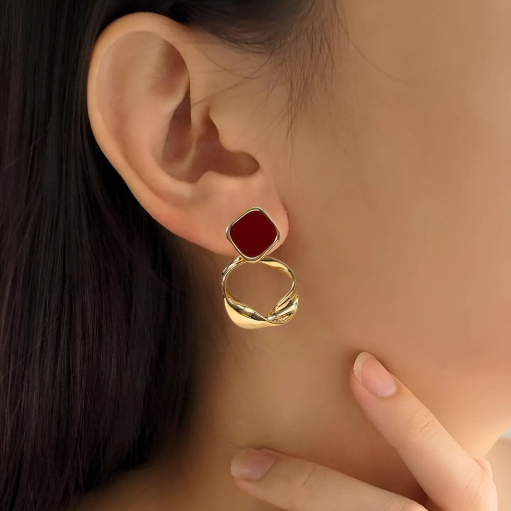 Twisted Hoop Dangling Earrings Maroon Nestasia