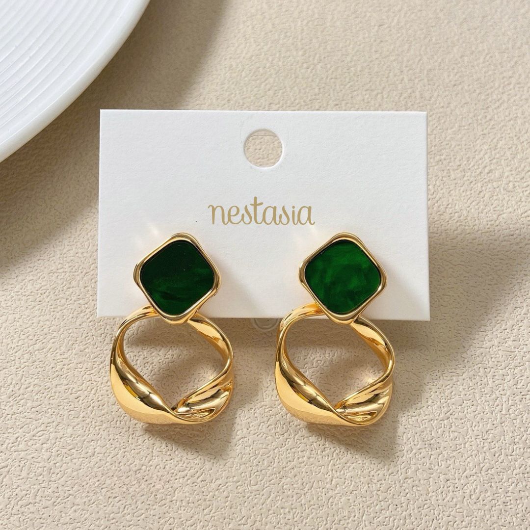 Twisted Hoop Dangling Earrings Green Nestasia